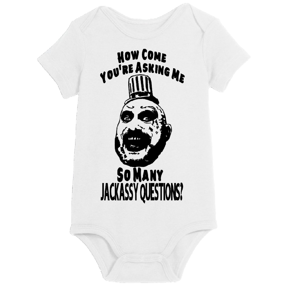 White Captain Spaulding Jackassy House 1000 Corpses horror-themed children's bodysuit for newborns and 24 months, by witchcraftedinmi.