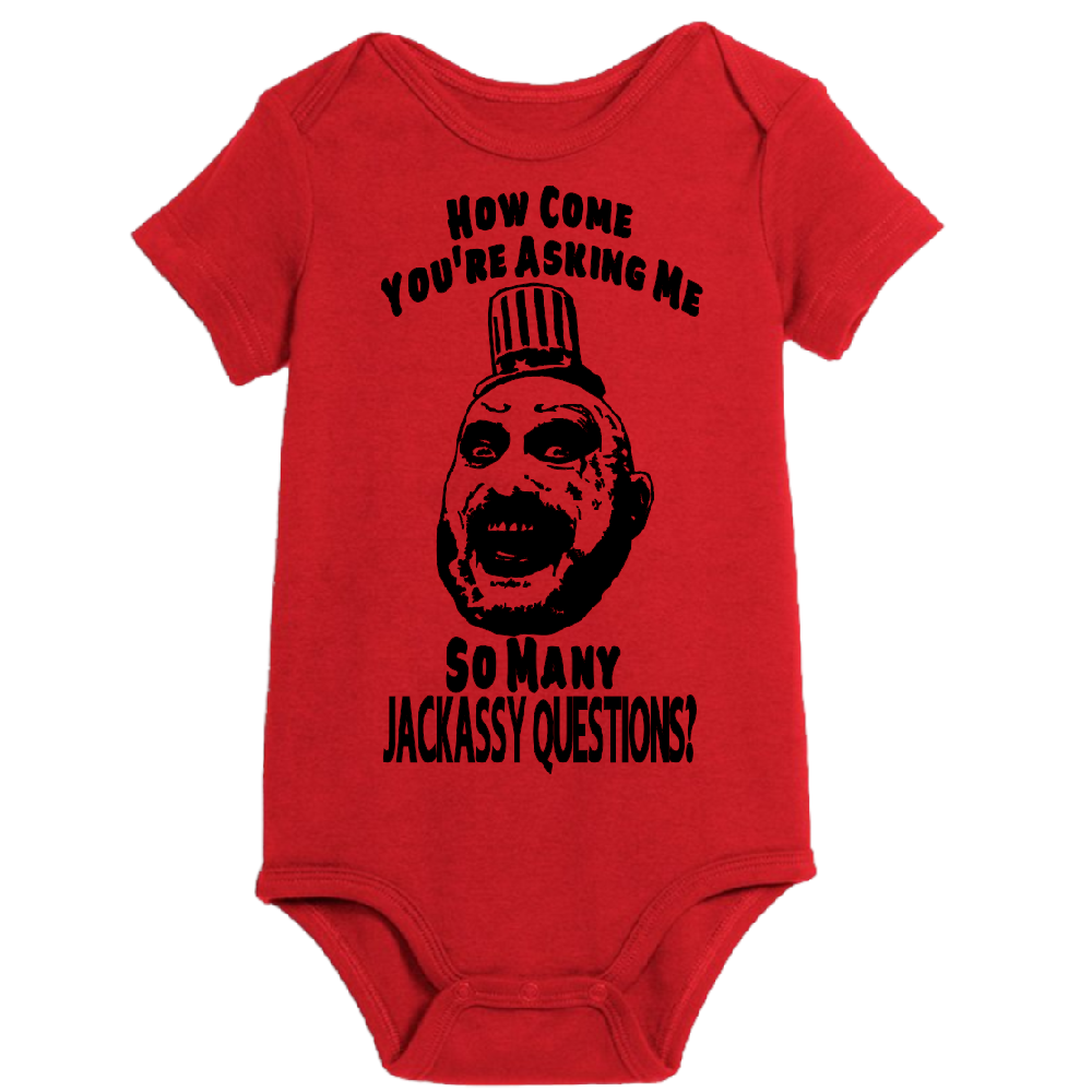 Red Captain Spaulding Jackassy House horror onesie for children, size 24 months, from witchcraftedinmi, perfect for Halloween.