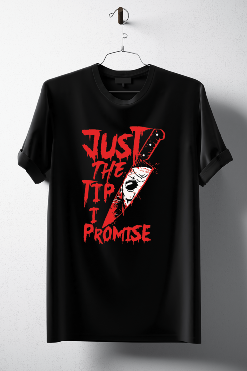 Blackthorn 31 Just the Tip Horror T-shirt, black fabric with horror-themed text design, hanging on a display.