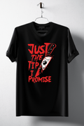 Blackthorn 31 Just the Tip Horror T-shirt, black fabric with horror-themed text design, hanging on a display.