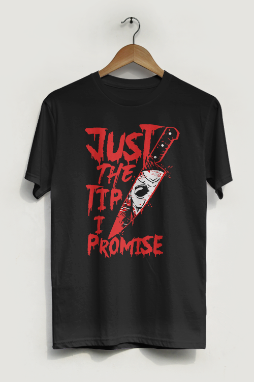Blackthorn 31 Just the Tip Horror T-shirt hanging on a hanger, featuring spooky graphic design on black cotton fabric.