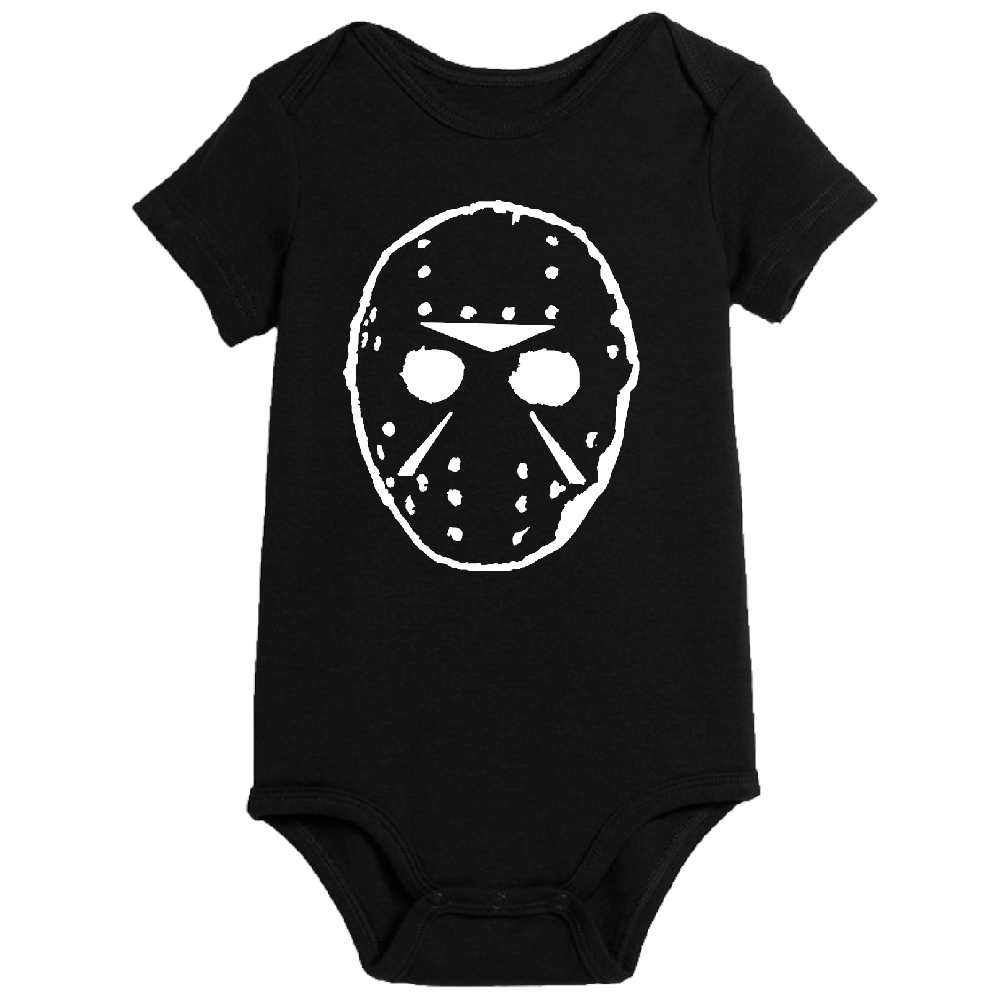 Black Jason Voorhees Friday the 13th child's bodysuit for newborns and toddlers, featuring a spooky mask design from witchcraftedinmi.