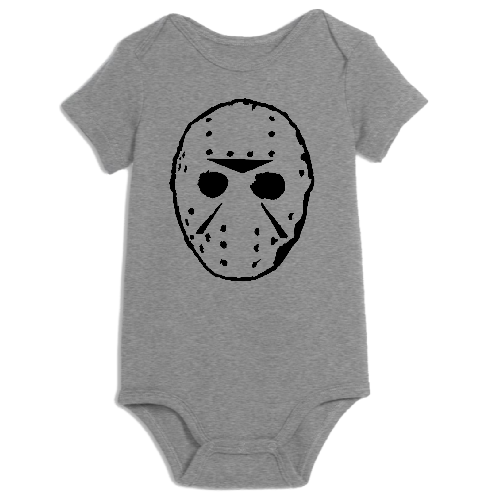 Grey Jason Voorhees Friday the 13th children's onesie for newborns and toddlers, featuring horror-themed design and mask print.