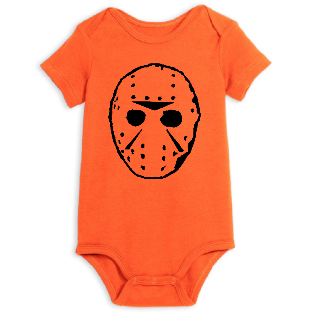 Orange Jason Voorhees Halloween onesie for children featuring a Friday the 13th mask design, suitable for newborns and toddlers.
