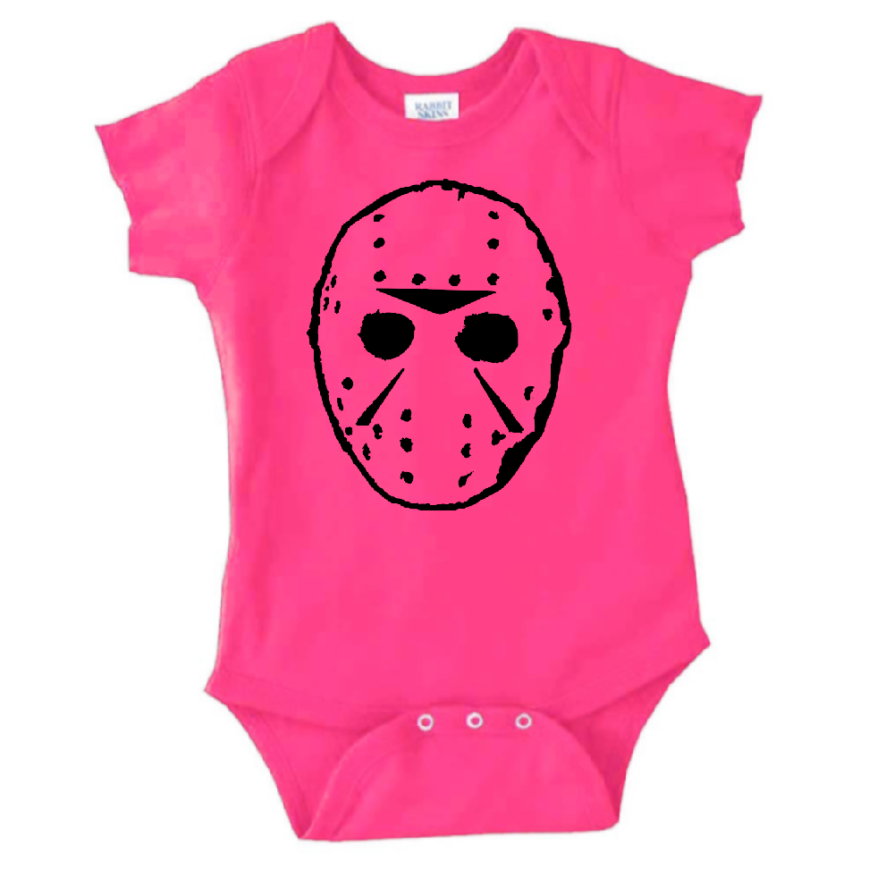 Pink Jason Voorhees Friday the 13th children's onesie for newborns and toddlers, featuring a spooky mask design for Halloween.