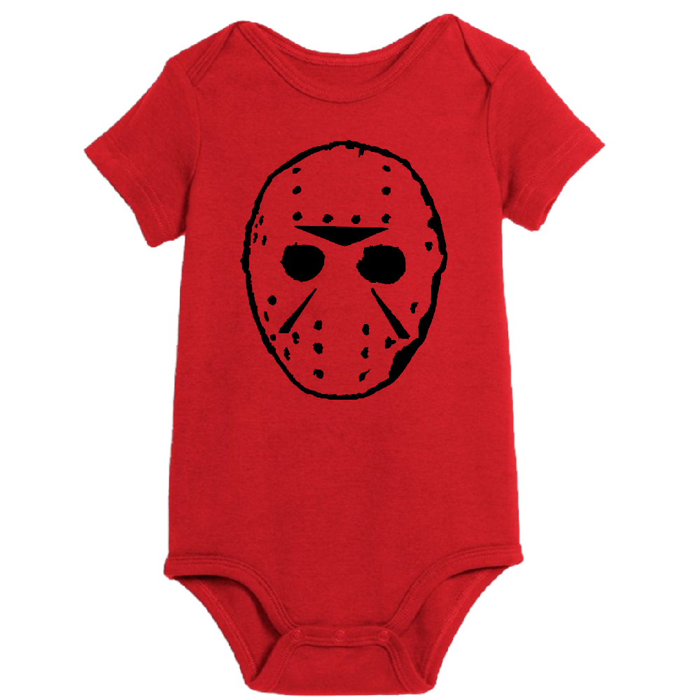 Red Jason Voorhees Halloween onesie for children featuring a Freddy Krueger mask print, ideal for newborns and toddlers.
