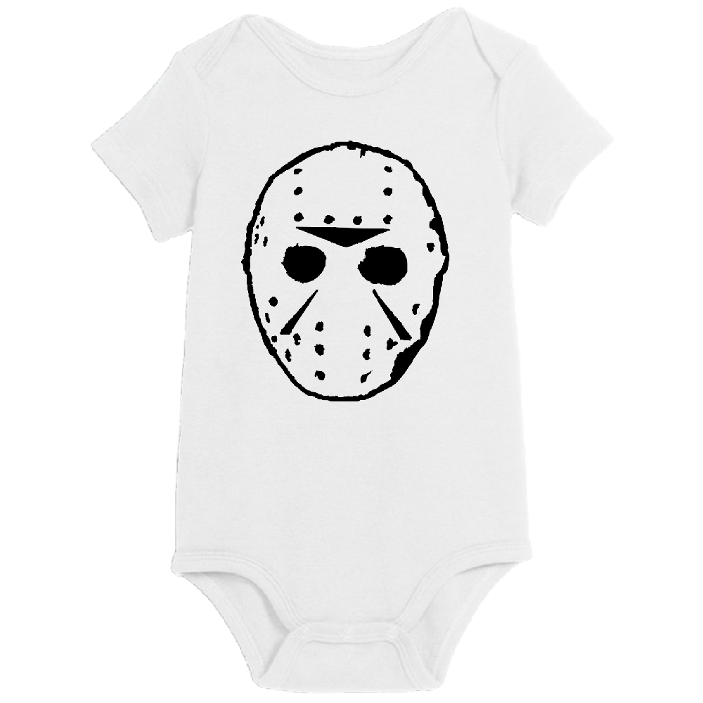 White Jason Voorhees Friday the 13th children's bodysuit with horror mask design for newborns and toddlers.