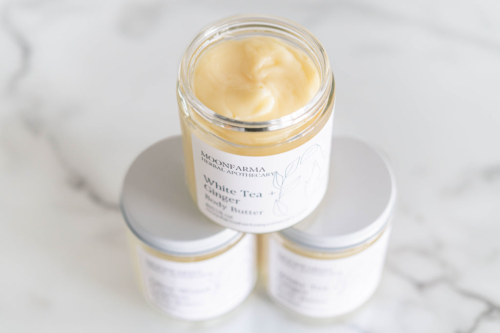 Creamy MoonFarma Body Butter jar with a smooth, rich texture and natural ingredients, ideal for nourishing skin.