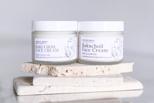 MoonFarma Bakuchiol Face Cream jar with cream visible, showcasing natural skincare product for gentle, plant-based skin nourishment.
