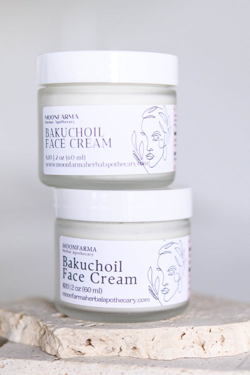 MoonFarma Bakuchiol Face Cream jar with white label and silver lid, showcasing natural skincare for gentle, plant-based skincare.