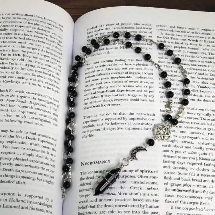 Onyx bead necklace with pentacle and moon pendant, featuring black onyx stones and silver-toned details, by Green Witch Creations