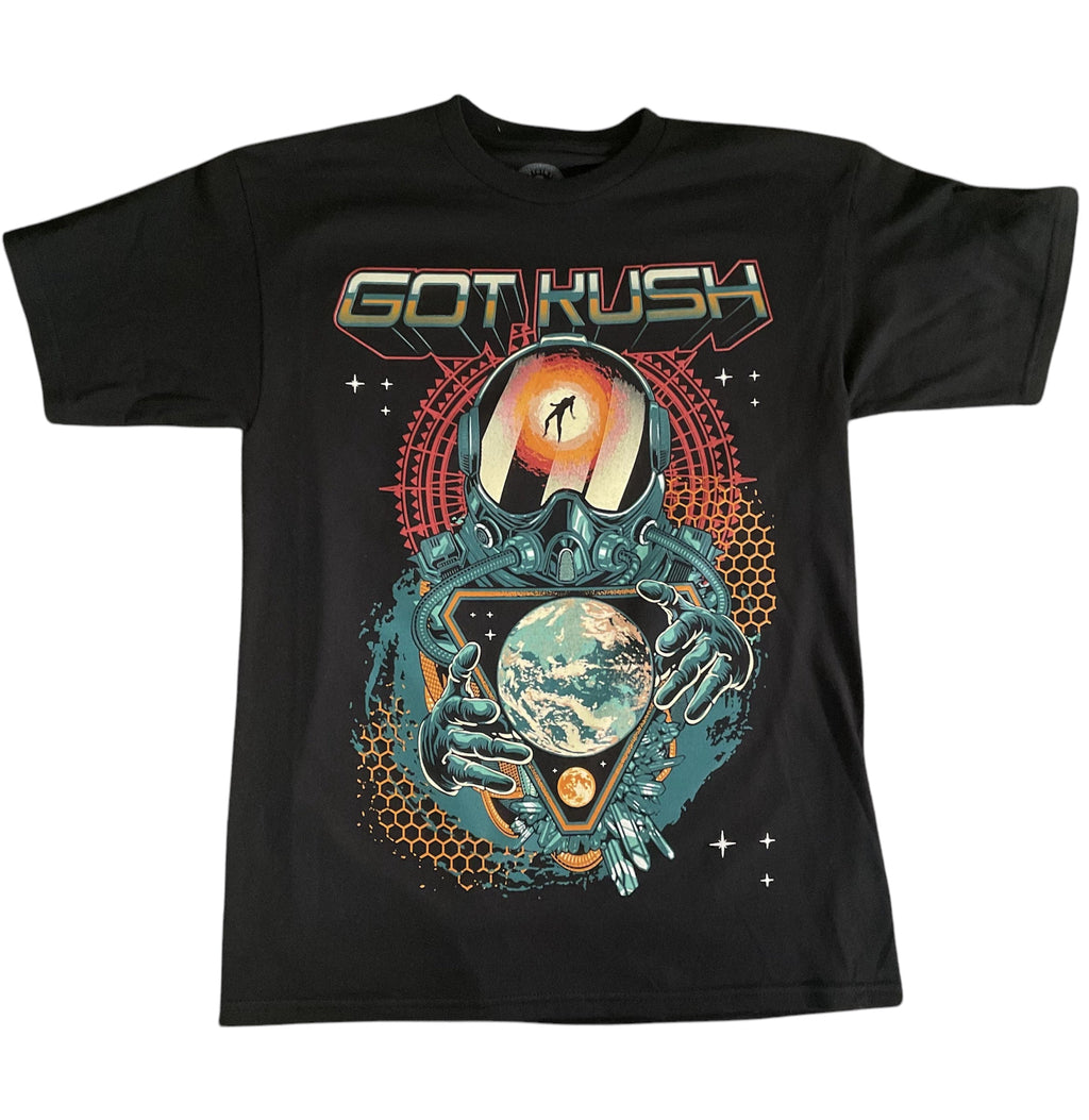 Got Kush Clothing Lost In Space shirt featuring a space-themed design with vibrant colors and celestial imagery.