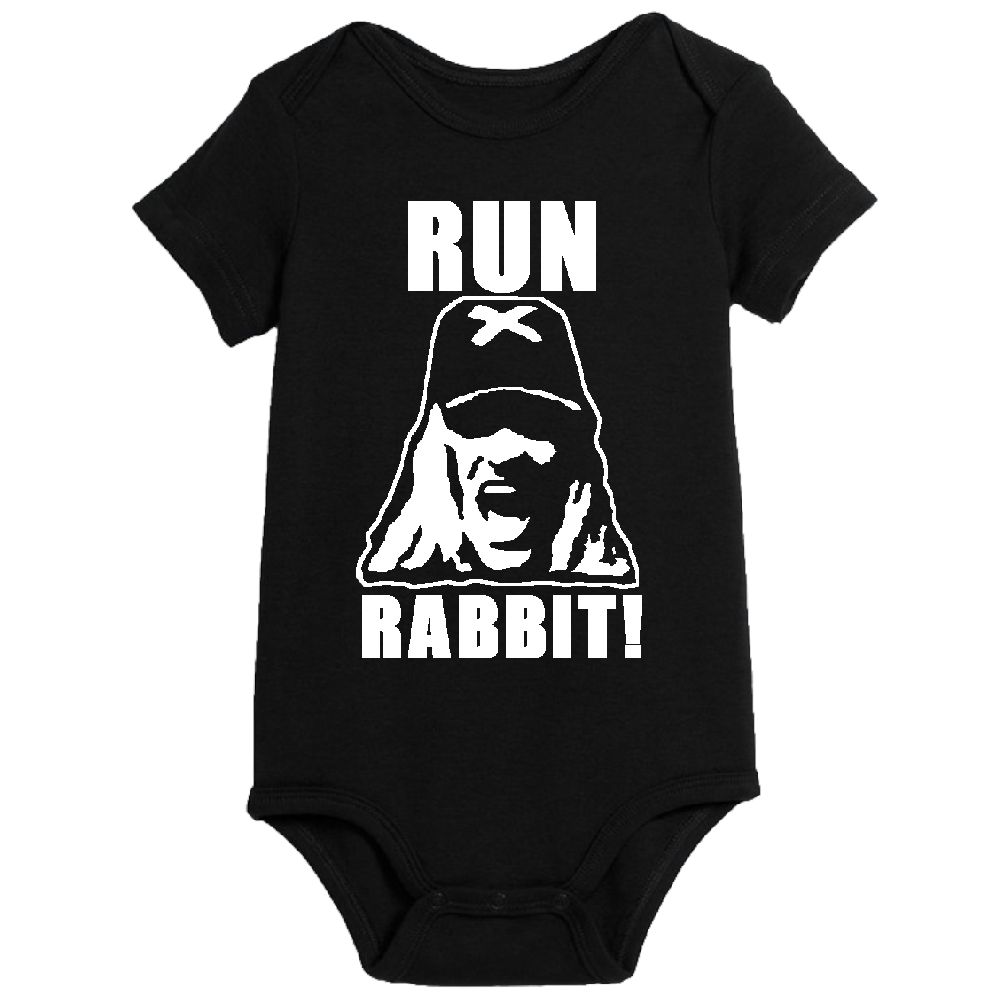 Black Otis Run Rabbit House 1000 Corpses horror-themed newborn onesie for babies up to 24 months, featuring spooky rabbit design.