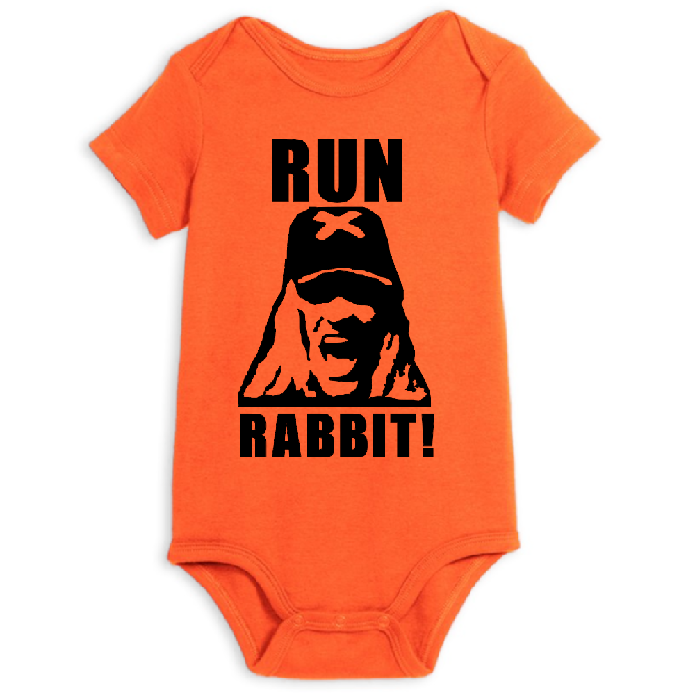 Orange Otis Run Rabbit House 1000 Corpses Halloween onesie for children, featuring horror-themed graphic for newborns and toddlers.