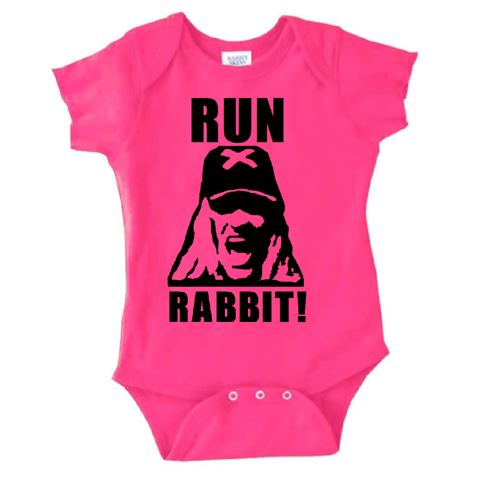 Pink Otis Run Rabbit House 1000 Corpses children's bodysuit for newborns and toddlers, featuring horror-themed design by witchcraftedinmi.