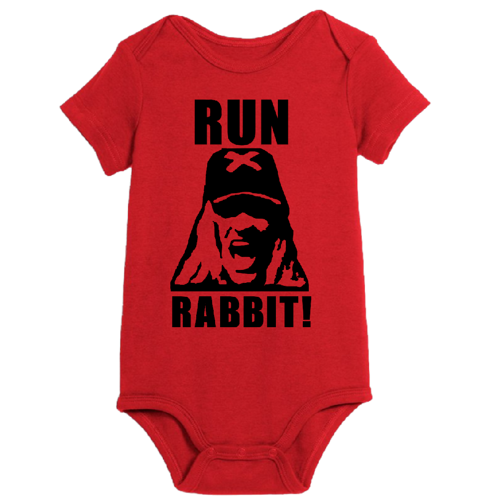 Red Otis Run Rabbit House 1000 Corpses children's bodysuit for newborns and toddlers, featuring horror-themed design by witchcraftedinmi.