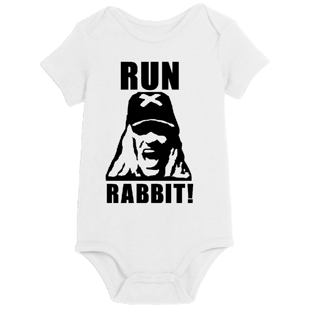 White Otis Run Rabbit House 1000 Corpses children's bodysuit for newborns and 24 months, featuring horror-themed bunny design.