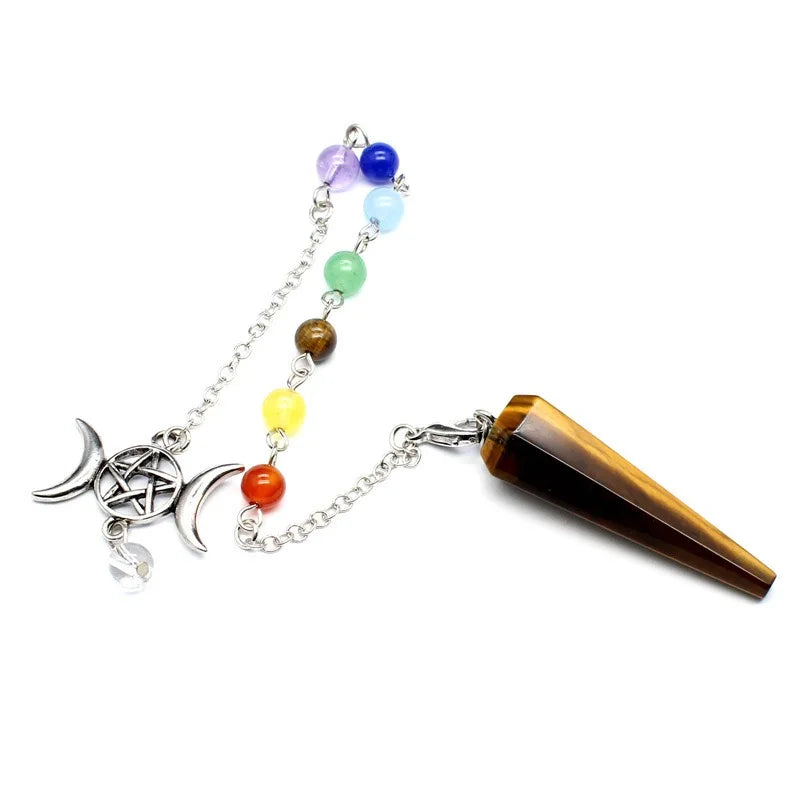 Triple Moon Pentacle Chakra Pendulum from Green Witch Creations with intricate design for spiritual and chakra balancing.