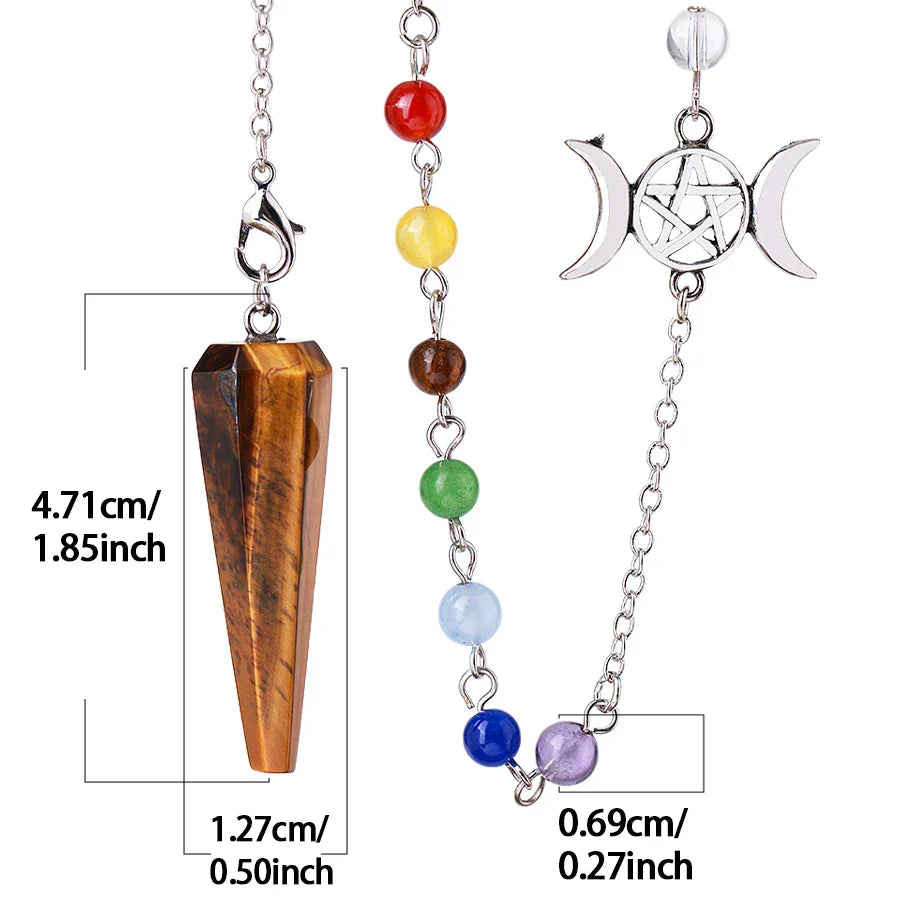 Triple Moon Pentacle chakra pendulum from Green Witch Creations with a detailed metal pendant and chain for spiritual divination.