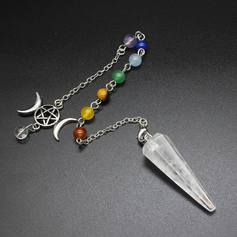 Green Witch Creations Triple Moon Pentacle Chakra Pendulum showing a silver pendulum with triple moon and pentacle symbols.
