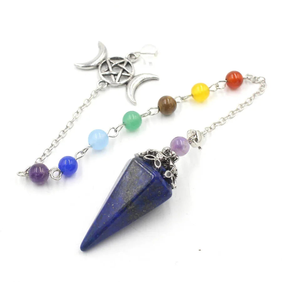 Triple Moon Pentacle chakra pendulum from Green Witch Creations showing a silver pendant with moon and pentacle symbols.