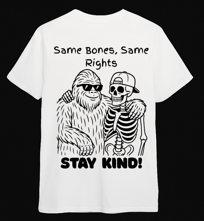 Looming Mischief Same Bones Same Rights T-shirt showing a graphic design with bones and rights message on a black clothing piece.