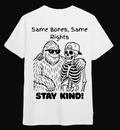 Looming Mischief Same Bones Same Rights T-shirt showing a graphic design with bones and rights message on a black clothing piece.