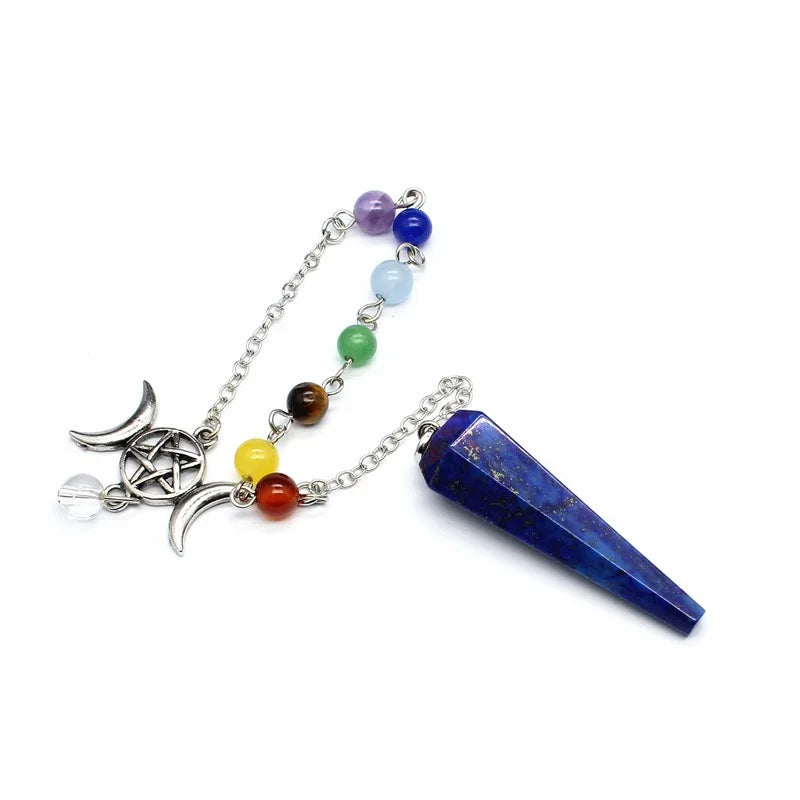 Green Witch Creations Triple Moon Pentacle Chakra Pendulum with moon and pentacle design for spiritual healing and balance.
