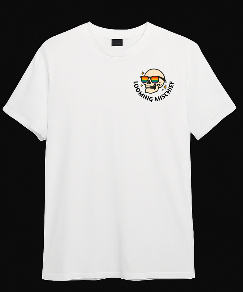 Black "Too Glam to Give a Damn" T-shirt by Looming Mischief with bold white text on the front.