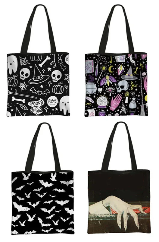 Black witchy gothic tote bag from Green Witch Creations, featuring mystical designs and sturdy fabric for accessories.