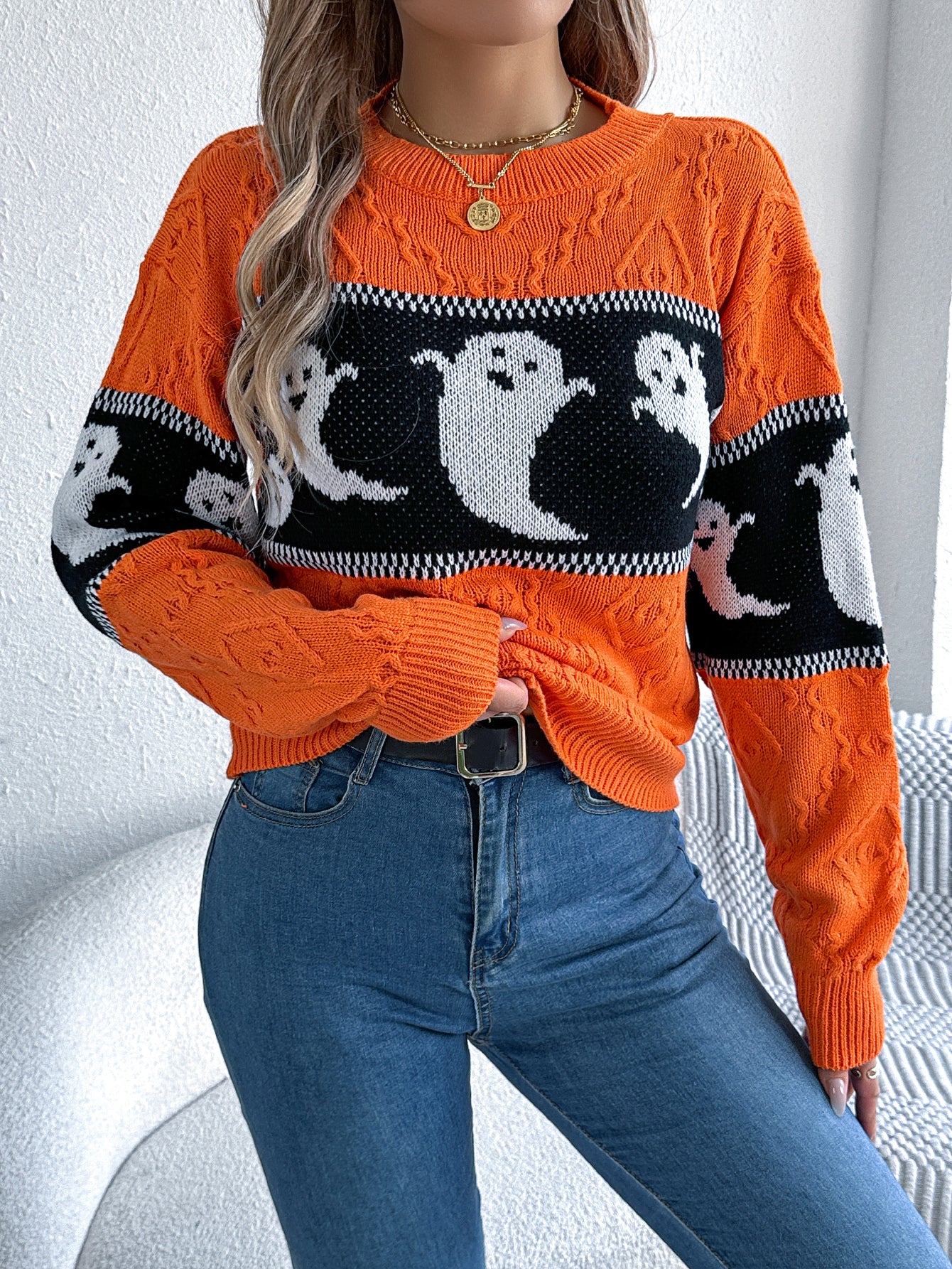 Women Ghost Color Block Long Sleeve Pullover Sweater - Blackthorn 31