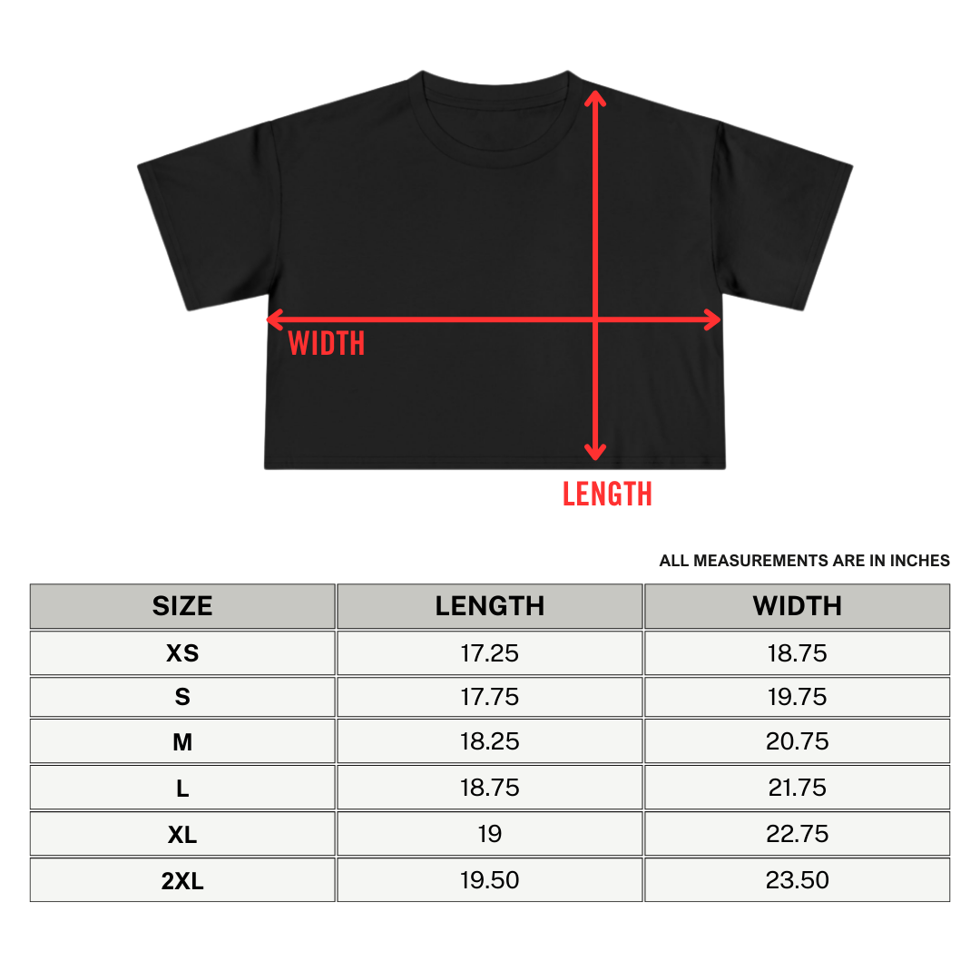 Goth Cloth Co. "We Are The Weirdos" black crop top T-shirt with colorful graphic design and size guide illustration.