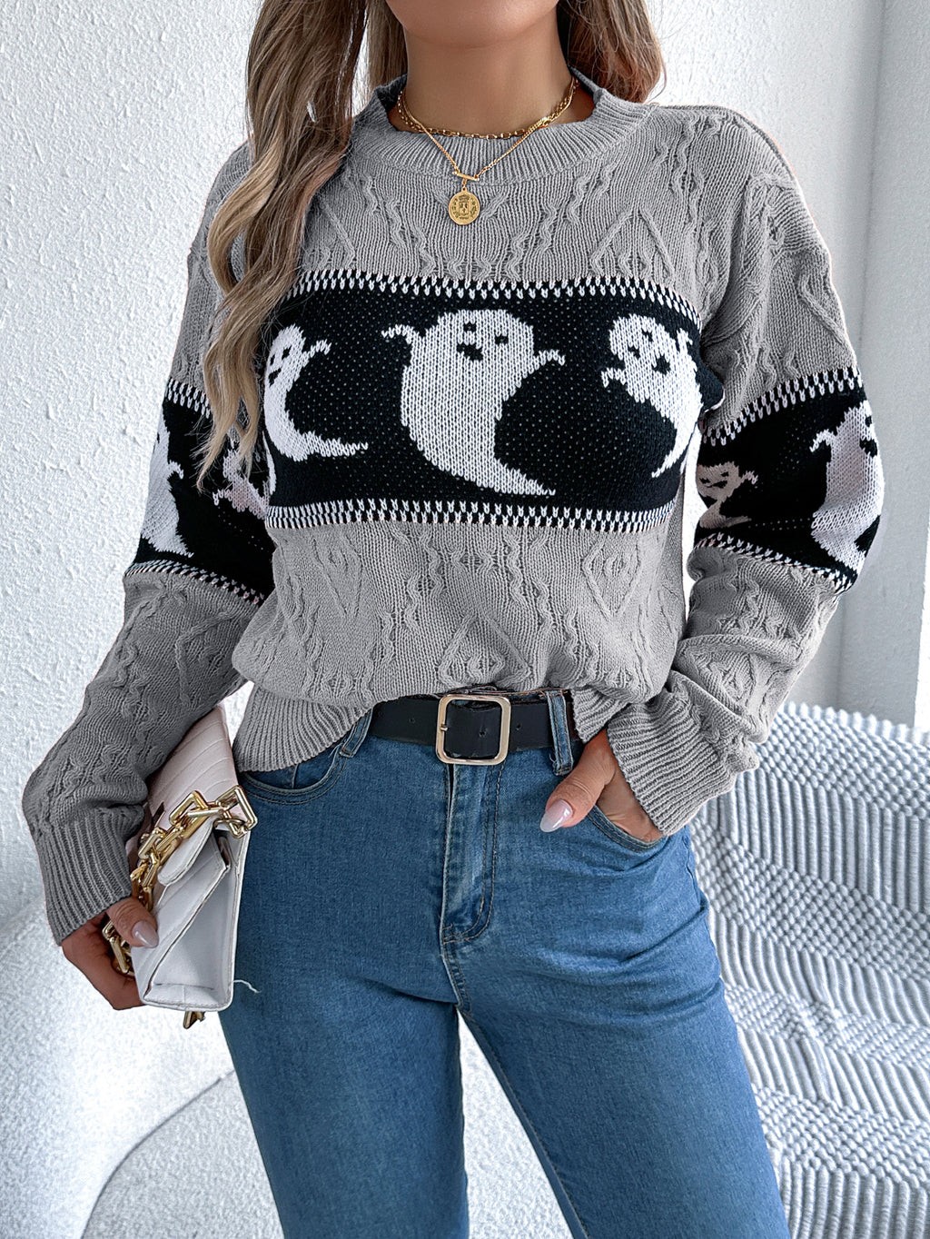 Women Ghost Color Block Long Sleeve Pullover Sweater - Blackthorn 31