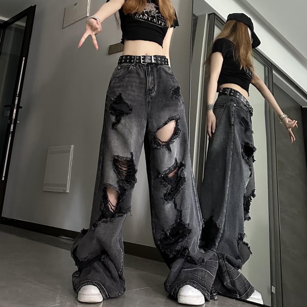 Dark black denim ripped wide leg jeans - Blackthorn 31
