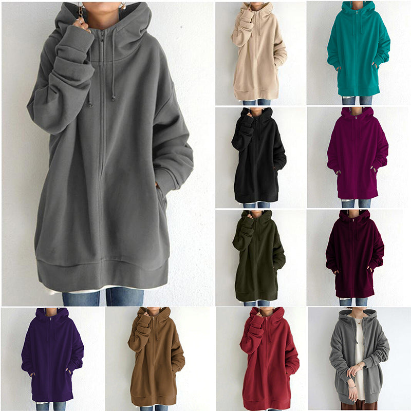 Oversized S-5XL Women Loose Hooded Coats Autumn Female Tie Collar Long Sleeve Zipper Up Add Velvet Long Sweatshirt - Blackthorn 31