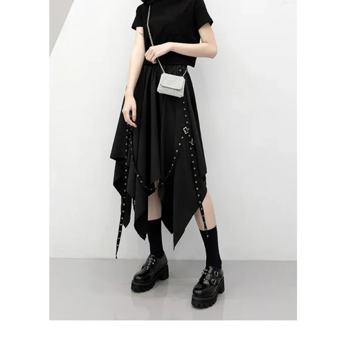 Black Irregular Hem Gothic Punk Skirt – Buckle Straps & Studded Details - Blackthorn 31