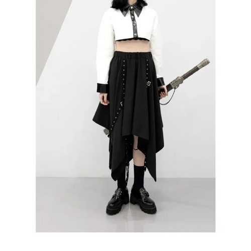 Black Irregular Hem Gothic Punk Skirt – Buckle Straps & Studded Details - Blackthorn 31