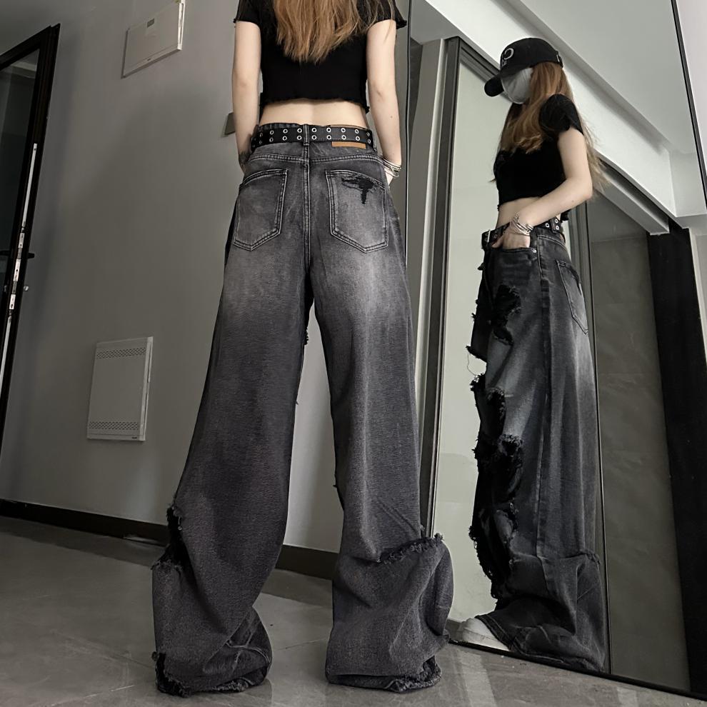Dark black denim ripped wide leg jeans - Blackthorn 31