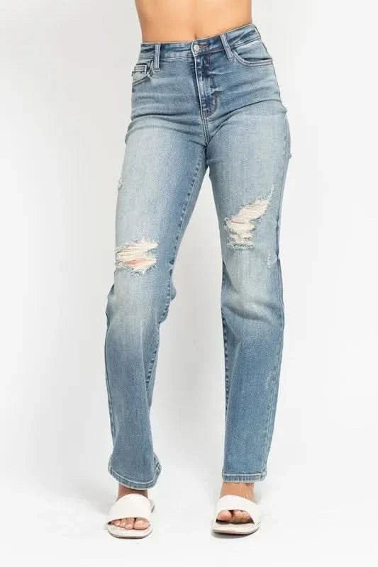 Judy Blue Full Size High Waist Distressed Dad Jean - Blackthorn 31