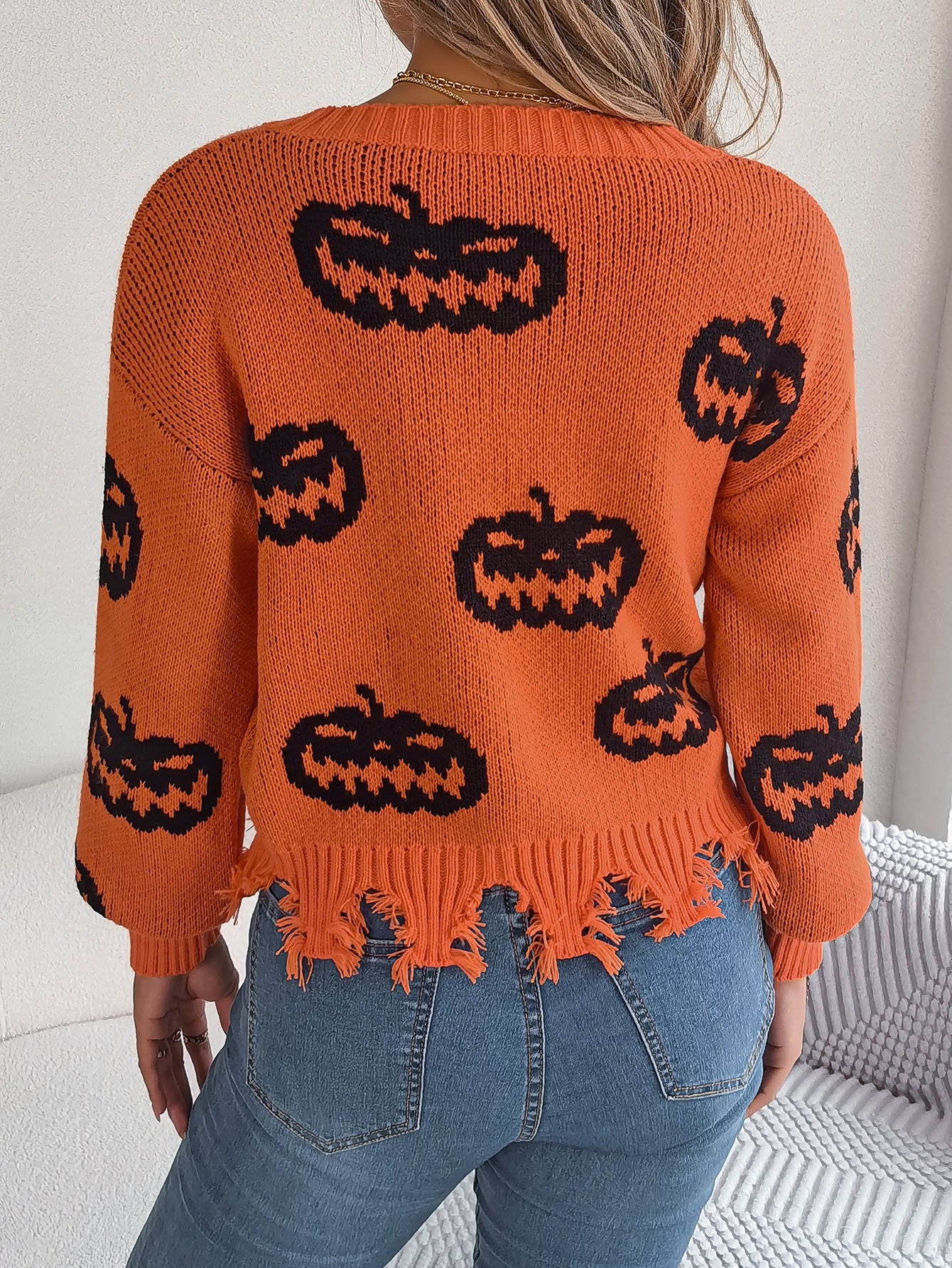 Women Color Block Pumpkin Distressed Long Sleeve Pullover Sweater - Blackthorn 31