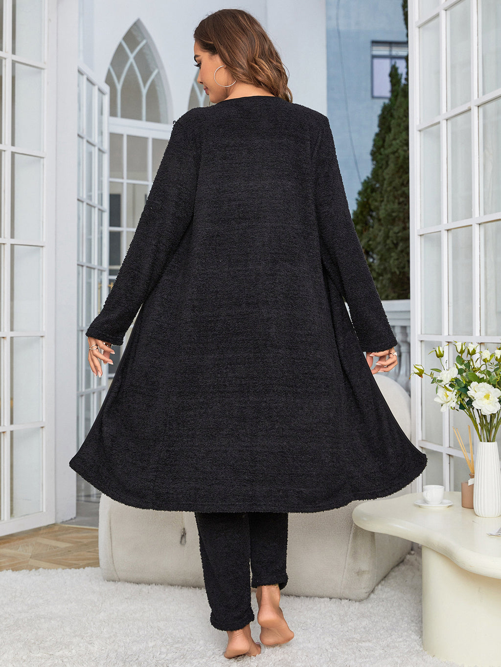 Women's Fuzzy 3 Piece Sweatsuit Open Front Cardigan Crop Tank Tops Wide Legs Pants Lounge Sets - Blackthorn 31