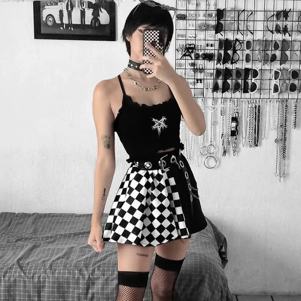 Checkerboard Gothic Punk Skirt – Grommet Chains & Contrast Panels - Blackthorn 31