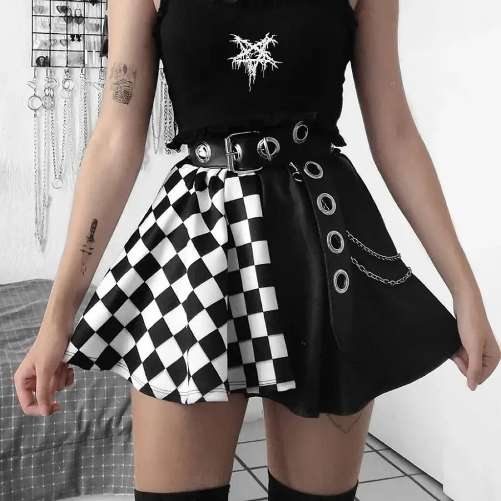 Checkerboard Gothic Punk Skirt – Grommet Chains & Contrast Panels - Blackthorn 31