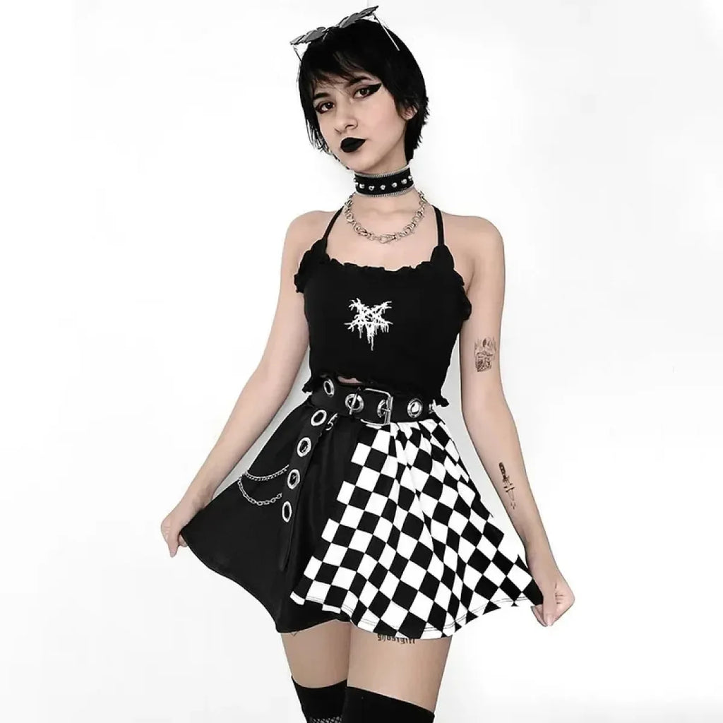 Checkerboard Gothic Punk Skirt – Grommet Chains & Contrast Panels - Blackthorn 31