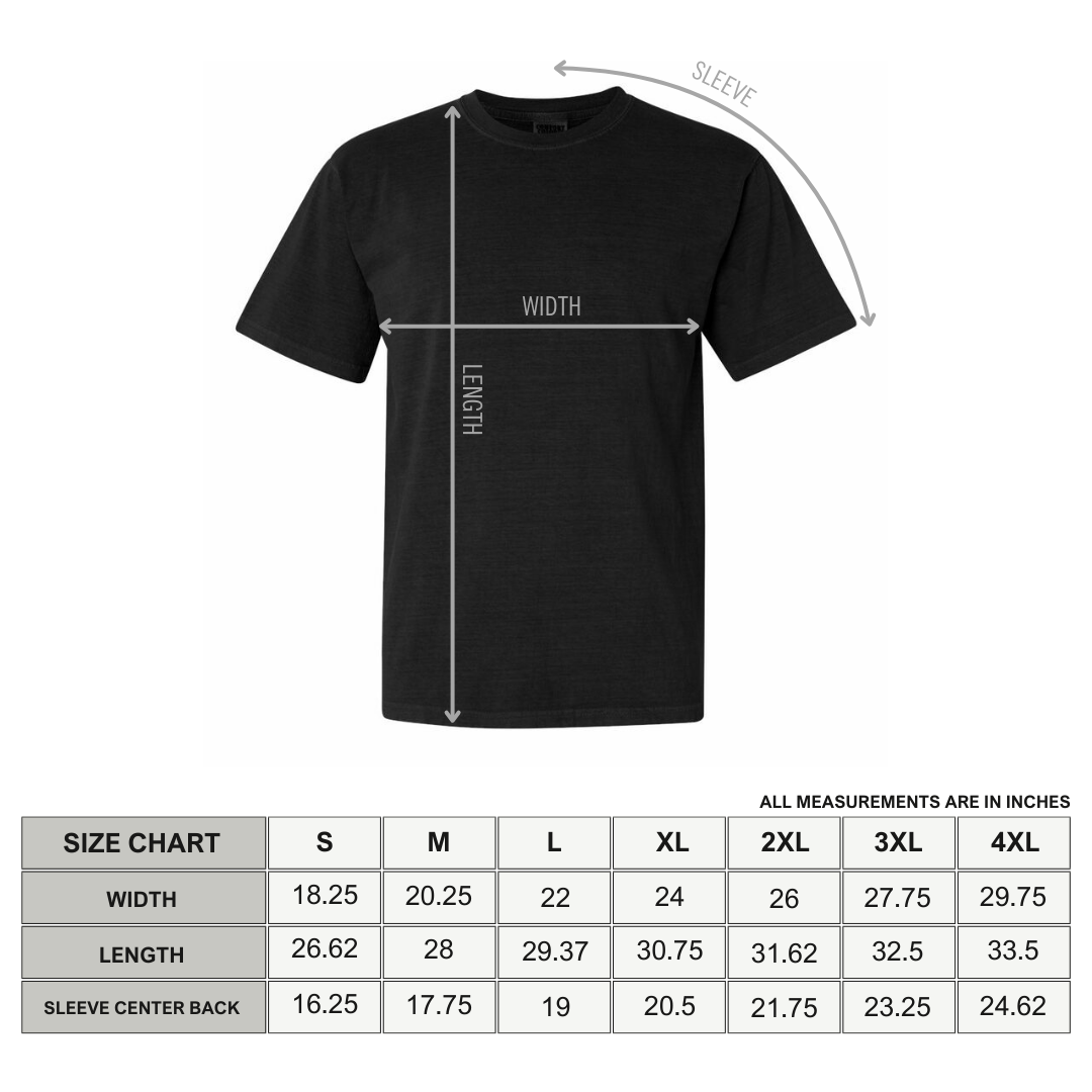 Girls Will Be Witches comfy tee from Goth Cloth Co., displayed with a Comfort Colors size chart in a colorful, casual style.