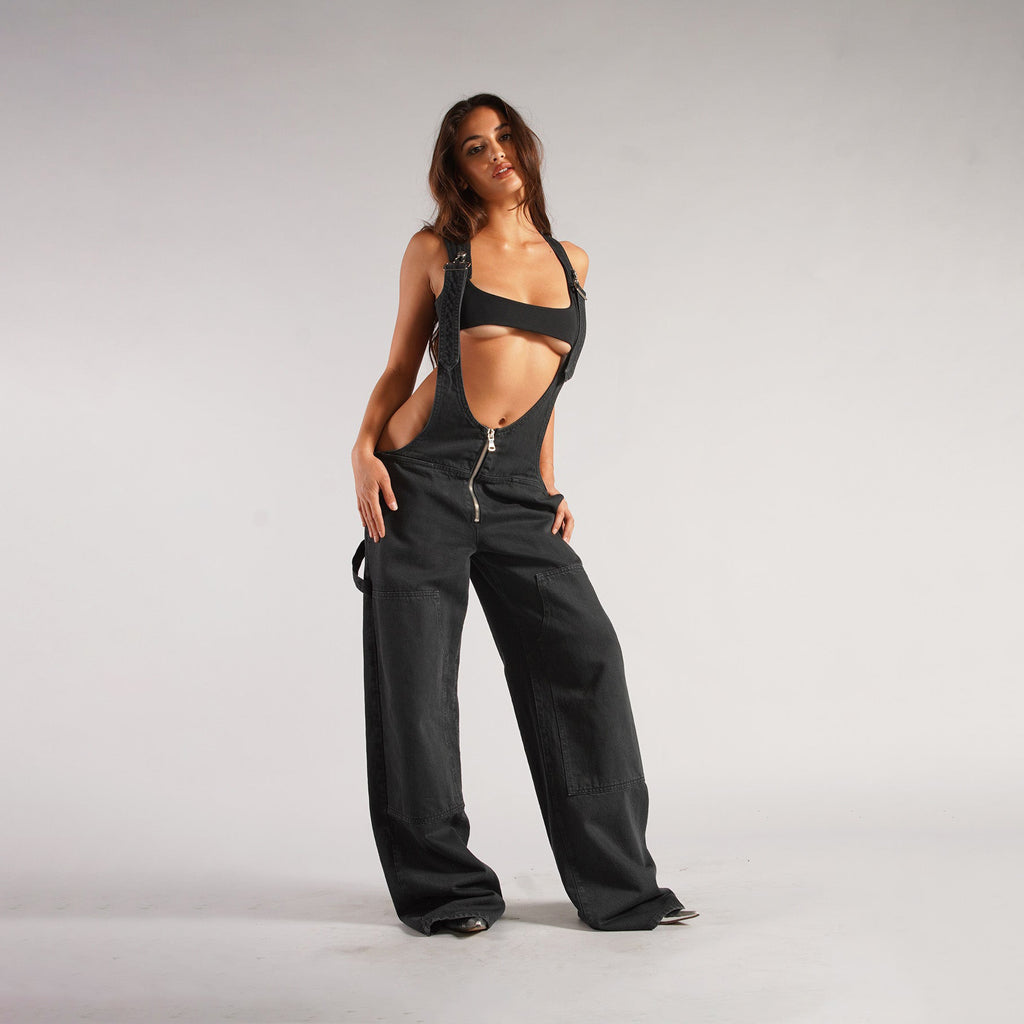 Blackthorn 31 Y2K zipper denim overalls with pockets, loose fit suspender jumpsuit, streetwear jeans for women.