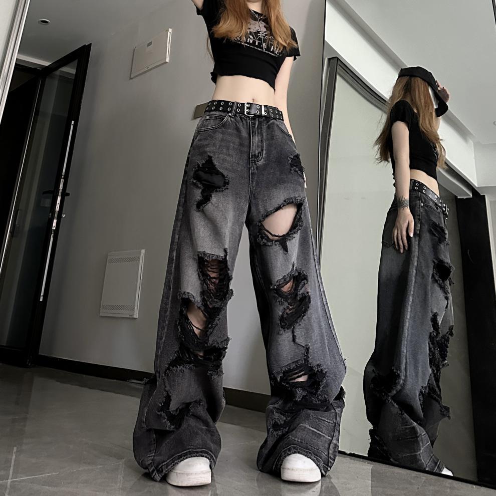 Dark black denim ripped wide leg jeans - Blackthorn 31