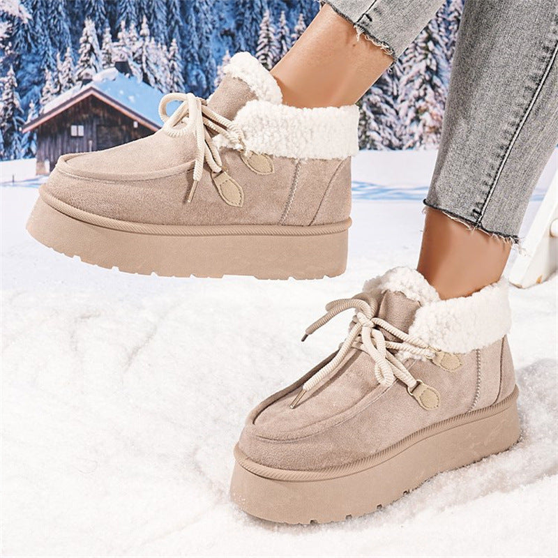 Women's fleece-lined snow boots by GCC Transfers with thick soles, fur trim, and cotton padding, ideal for winter casual wear.