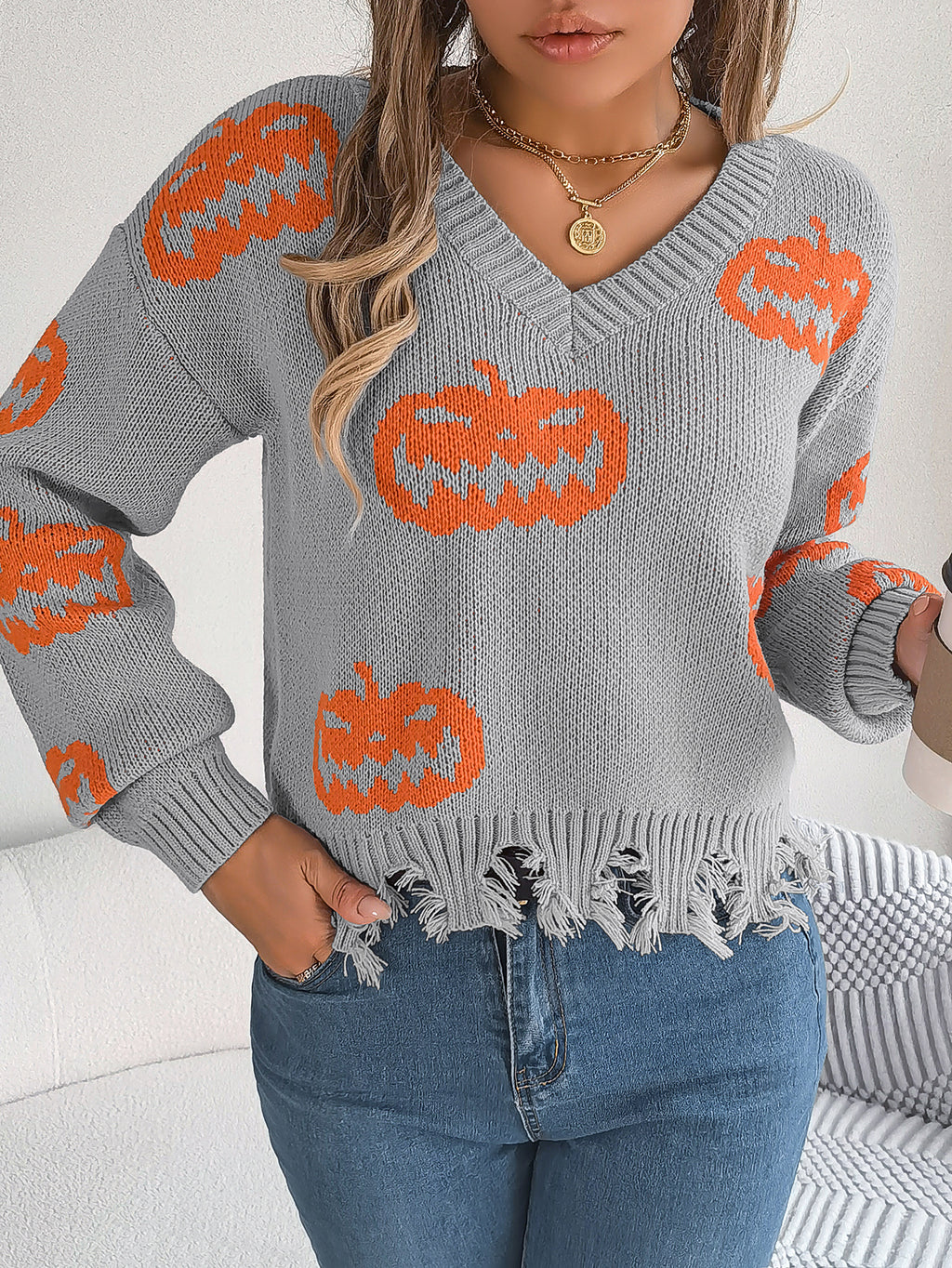 Women Color Block Pumpkin Distressed Long Sleeve Pullover Sweater - Blackthorn 31
