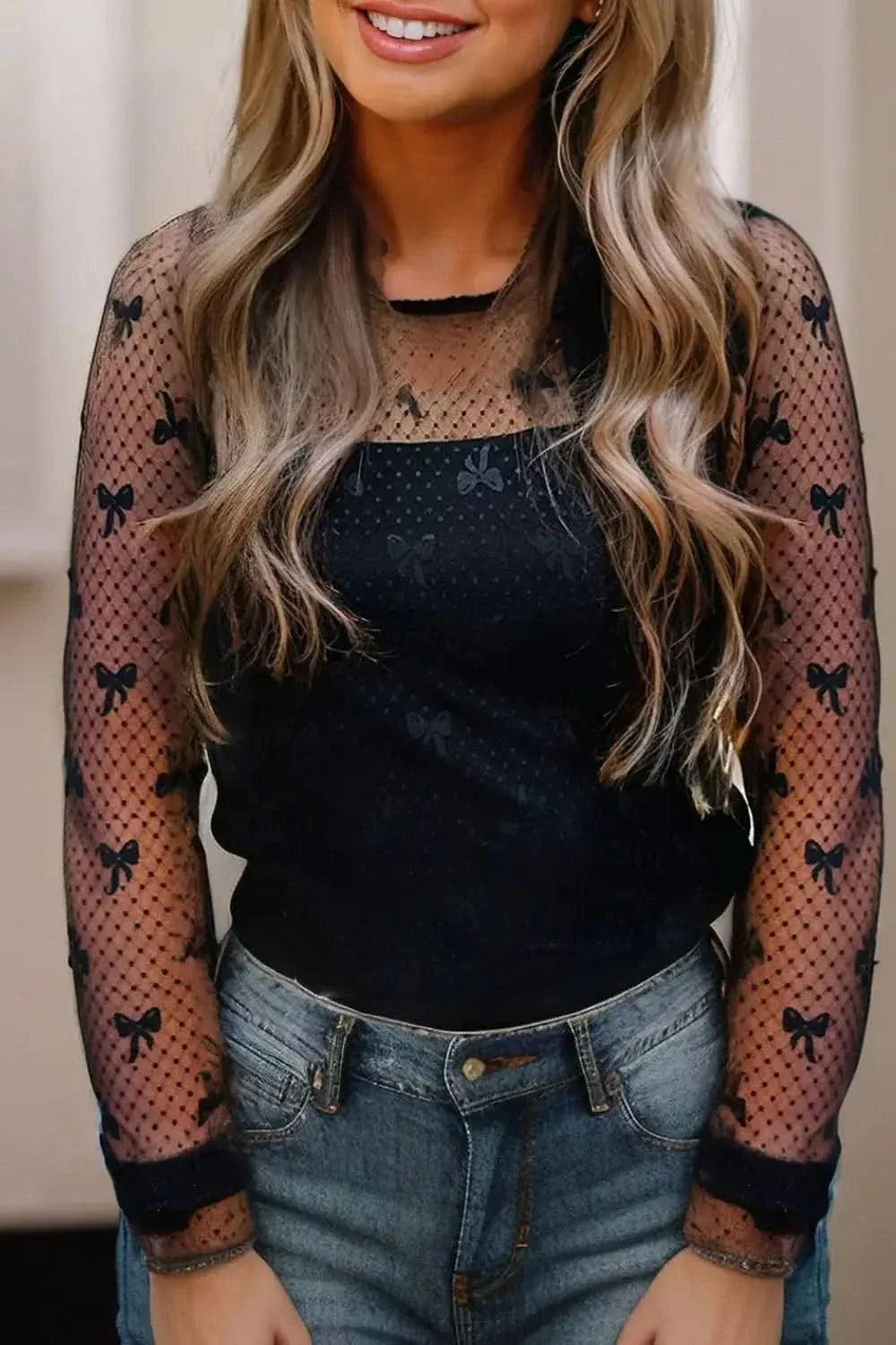 Bow Round Neck Sheer Lace Top With Stretch Fabric Imported - Blackthorn 31